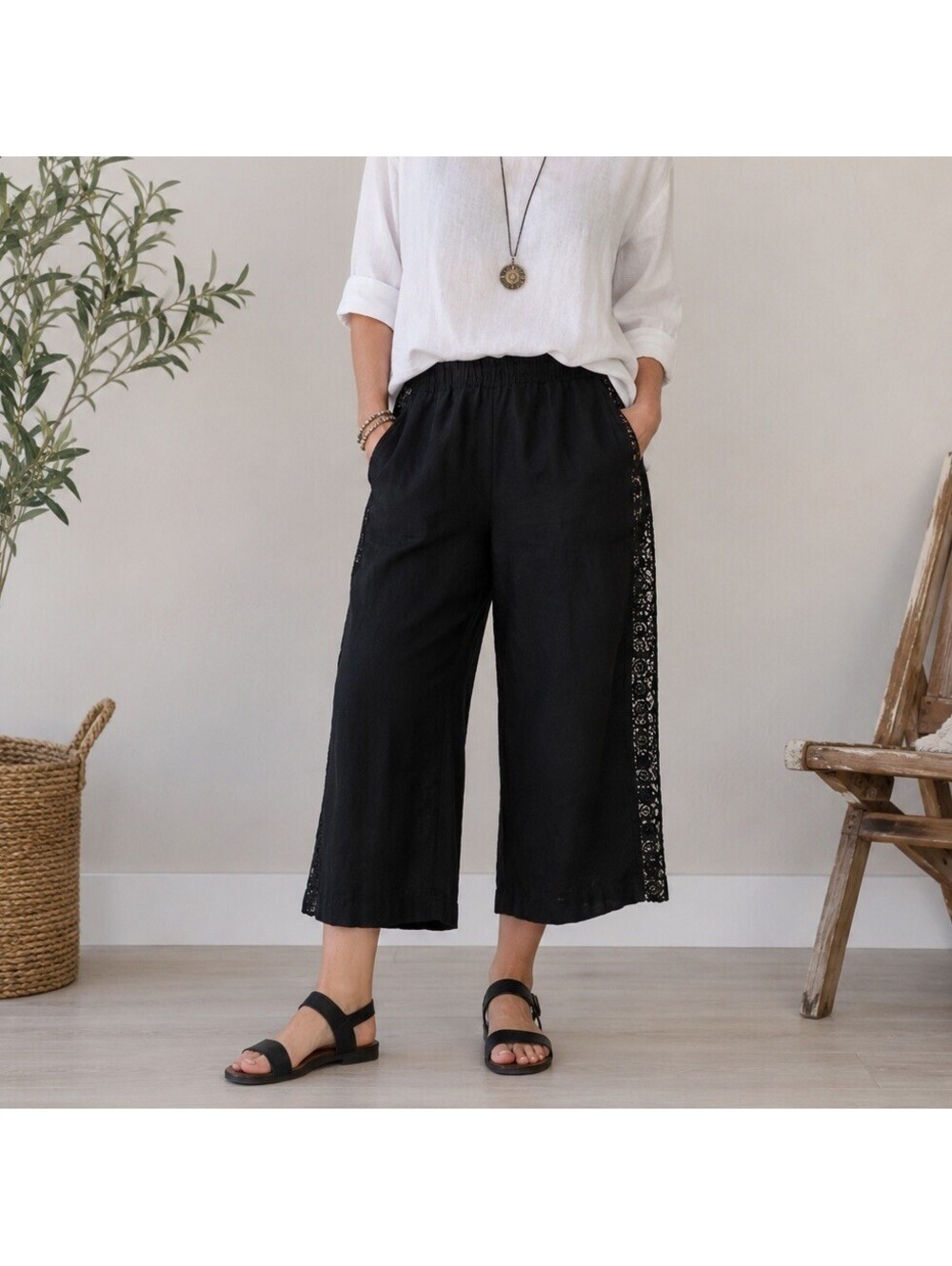 Marissa Olivia Black Linen Rayon Pants XL Wide Leg Crochet Trim Lagenlook Boho